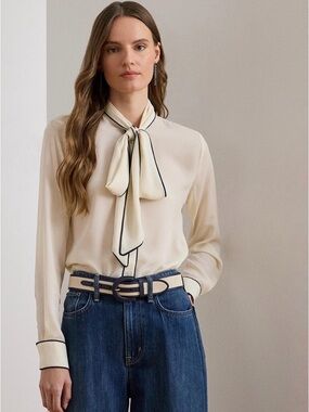 Lauren Ralph Lauren Women’s Two-Toned Tie Neck Top